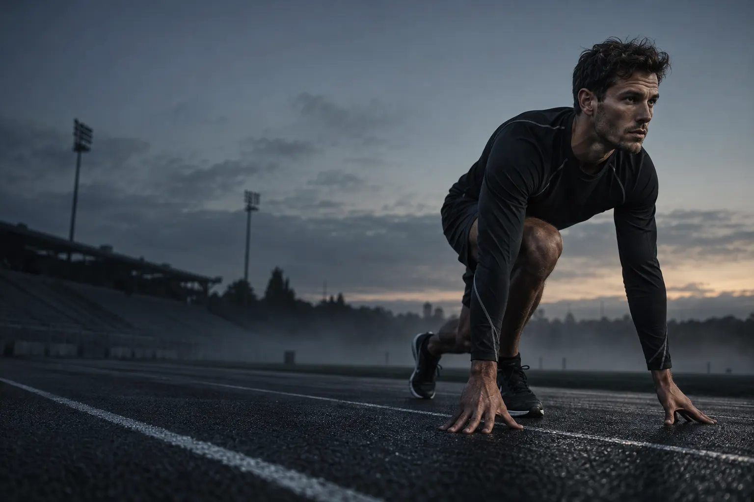 Athlete in a sprint start on an empty track at dawn